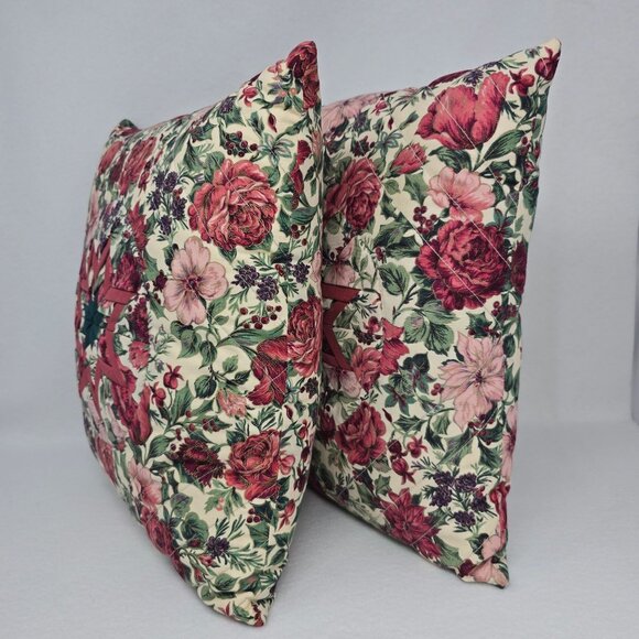 Handmade Quilted 14" Square Throw Pillow Floral Folded Star Starburst Pair 2 - Picture 3 of 11